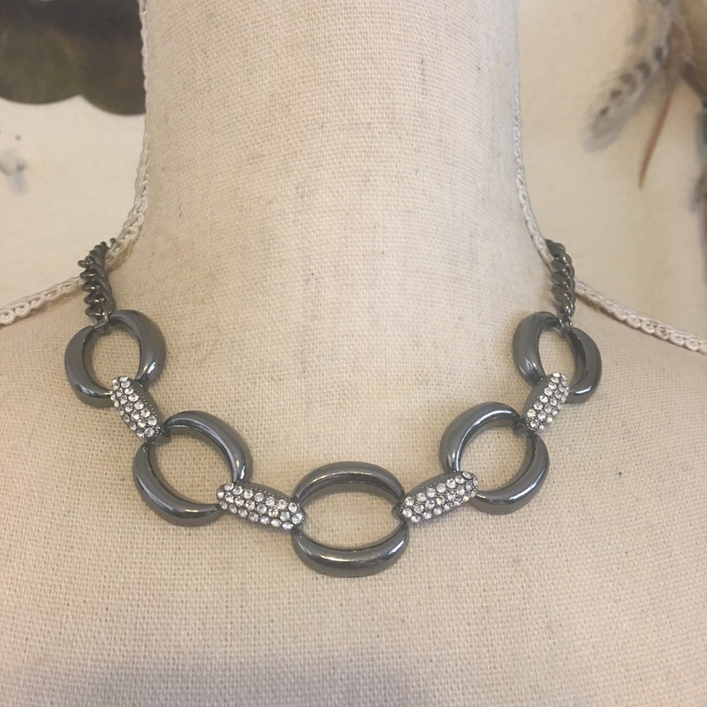Shiny chrome tone rhinestone link necklace